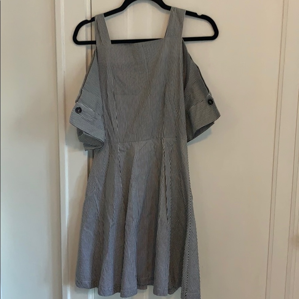 Blue and white striped high neck dress